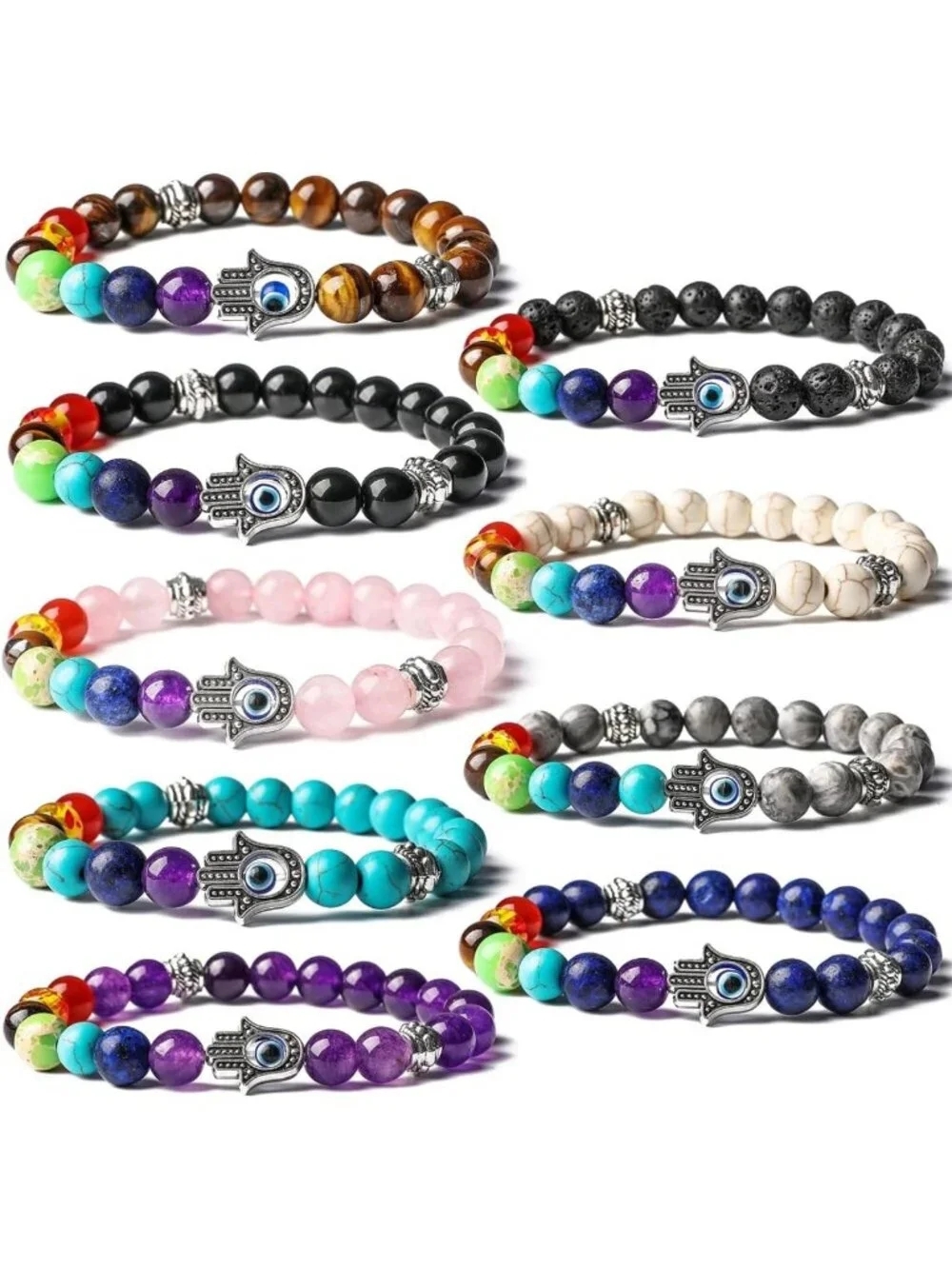Evil Eye & Hamsa Charm Bracelet Set | 7 Chakra Gemstone & Lava Stone Bracelets